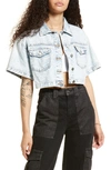 Bp. Short Sleeve Crop Nonstretch Denim Trucker Jacket In Bleached Wash