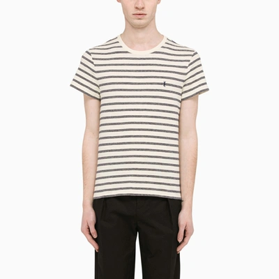 Saint Laurent Slim-fit Logo-embroidered Striped Cotton-jersey T-shirt In Nero