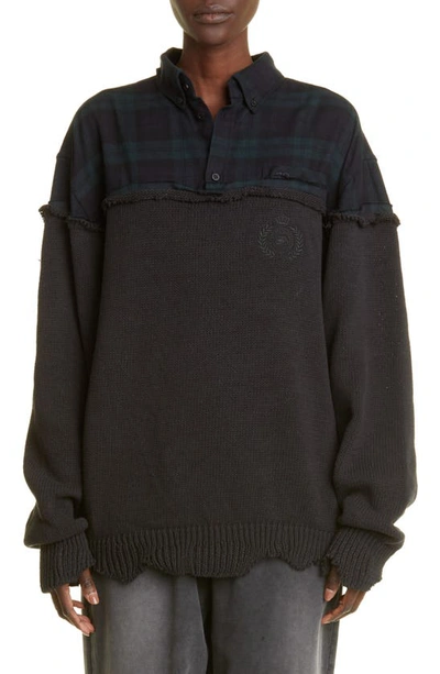 Balenciaga Mixed Media Oversize Cotton Blend Top In Black W