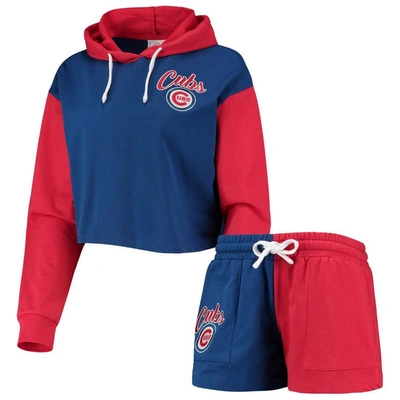 FOCO FOCO ROYAL/RED CHICAGO CUBS COLOR-BLOCK PULLOVER HOODIE & SHORTS LOUNGE SET