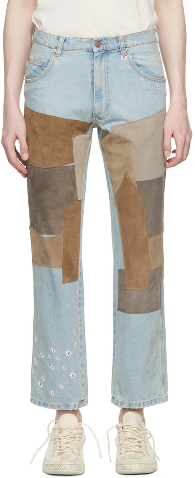 Erl Patchwork Jeans With Suede Inserts In Blue