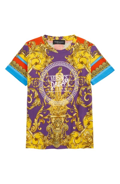 Versace Teen Multicolour Barocco Goddess Cotton T-shirt In Dark Orchid Sun