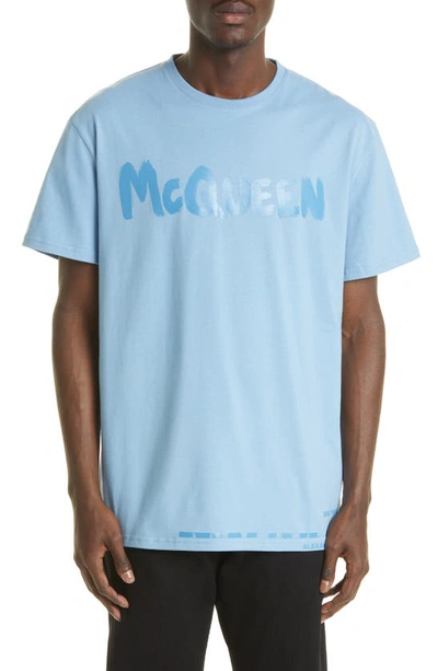 Alexander Mcqueen Graffiti Logo Graphic Tee In Sky Blue/ Mix