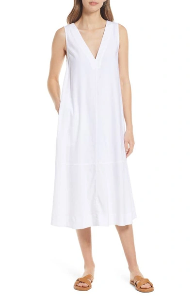 Nordstrom Sleeveless V-neck Linen Blend Midi Dress In White