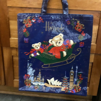Pre-owned Harrods Knightsbridge Christmas Shopping Tote Pvc Bag Teddy Bear Blue 15” X 16”