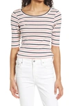 Caslon Ballet Neck Cotton & Modal Knit Elbow Sleeve Tee In Ivory Pink Navy Whitley Stripe