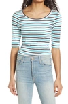 Caslon Ballet Neck Cotton & Modal Knit Elbow Sleeve Tee In Ivory Teal Navy Whitley Stripe