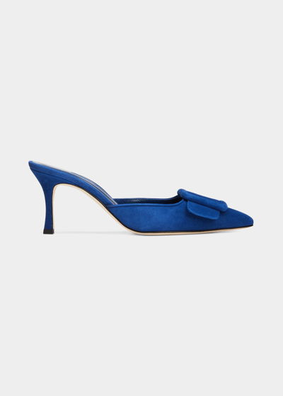 Manolo Blahnik Maysale Suede Buckle Mules In Blue 4326