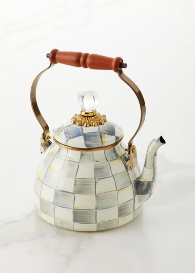 Mackenzie-childs Mackenzie Childs Sterling Check Enameled Steel 2-quart Tea Kettle In Gray