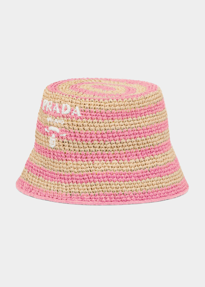 Prada Logo Striped Raffia Bucket Hat In F0njx Naturale Pe