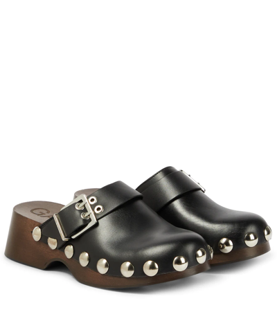 Ganni Retro Studded Leather And Wood Clogs In Black