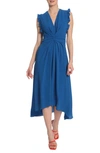 Maggy London V-neck Ruffled A-line Midi Dress In Princess Blue