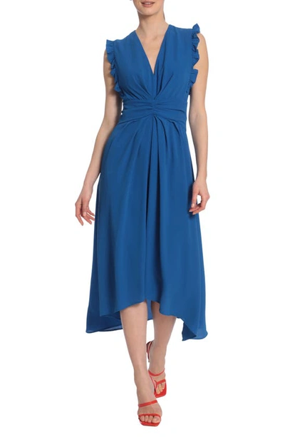 Maggy London V-neck Ruffled A-line Midi Dress In Princess Blue