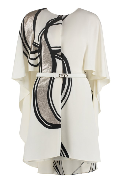 Fendi Cady Painterly Metallic Cape Dress In White