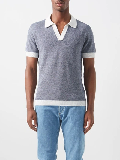 Thom Sweeney Knitted Cotton And Linen Polo Shirt In Blue