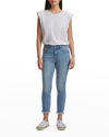 JEN7 MID RISE CROPPED FRAYED SKINNY JEANS