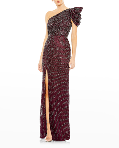 Mac Duggal One-shoulder Sequin Wrap Gown In Blackberry