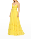 MAC DUGGAL PLEATED TIERED CHIFFON GOWN