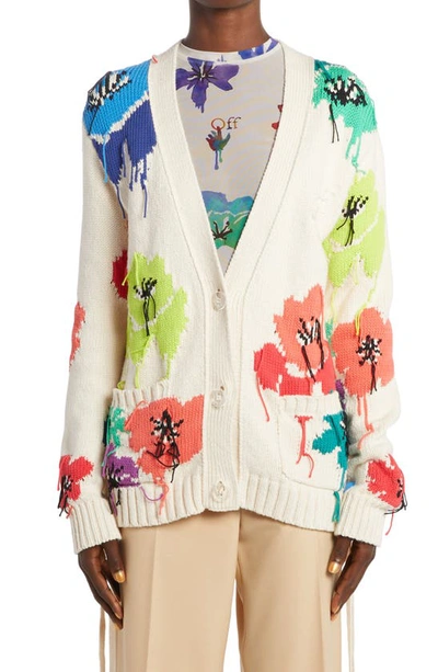 Off-white Floral-intarsia Cotton-blend Cardigan In Beige