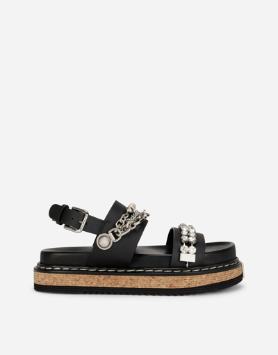 Dolce & Gabbana Calfskin Sandals With Embroidery In Black