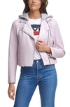 Levi's Fleece Hood Faux Leather Moto Jacket In Peach Blossom