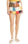 The Great The Bonfire Drawstring Cotton Shorts In Multi Color Patchwork