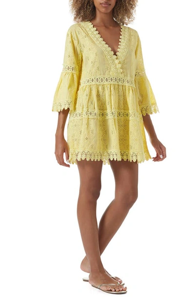 Melissa Odabash Victoria Crochet-trimmed Broderie Anglaise Cotton-voile Kaftan In Yellow