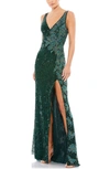 Mac Duggal Sequin Column Gown In Forest Green