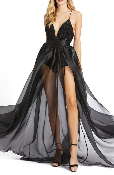 Ieena For Mac Duggal Sequin Bodysuit & Sheer Skirt Gown In Black