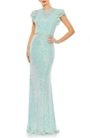 Ieena For Mac Duggal Sequined High Neck Flutter Sleeve Gown In Ice Blue