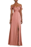 Dessy Collection Off The Shoulder Satin Gown In Desert Rose