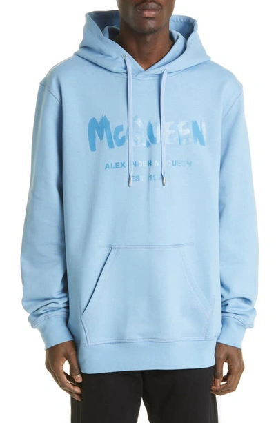 Alexander Mcqueen Men's Terry Graffiti Pullover Hoodie In Sky Blue
