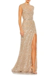 Mac Duggal Illusion Neck Sequin Gown In Nude
