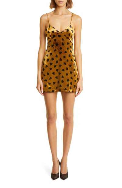 Saint Laurent Heart Print Velvet Mini Slipdress In Gold