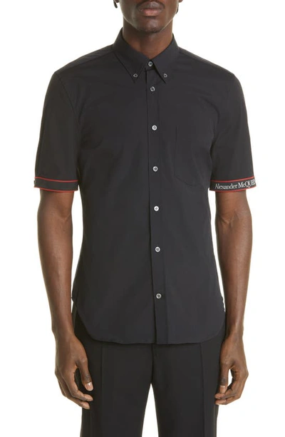 Alexander Mcqueen Woven Arm Logo Stretch Cotton Button-down Shirt In Black
