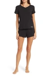 Calvin Klein V-neck T-shirt & Shorts 2-piece Pajama Set In Black