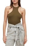 Allsaints Norma Halter Neck Bodysuit In Khaki Green