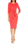 Adrianna Papell Tie Waist Crepe Sheath Dress In Vibrant Coral