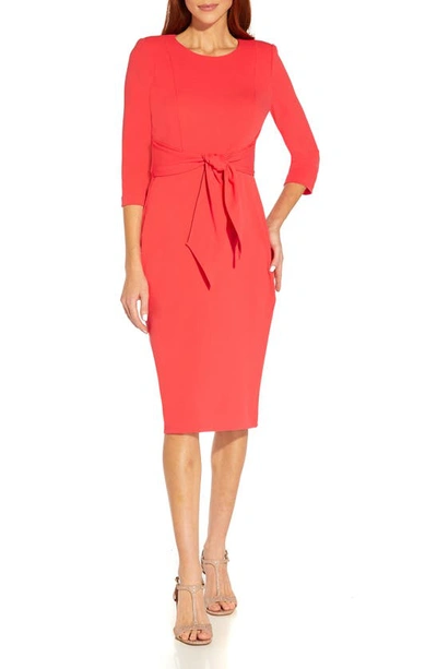 Adrianna Papell Tie Waist Crepe Sheath Dress In Vibrant Coral