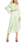 Topshop Pastel Watercolor Print Cutout Long Sleeve Satin Dress In Multi