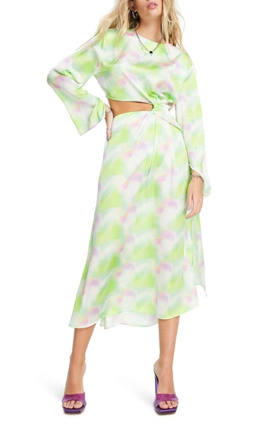 Topshop Pastel Watercolor Print Cutout Long Sleeve Satin Dress In Multi
