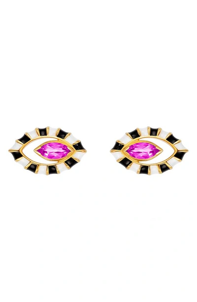 Nevernot Life In Colour 14k Yellow Gold Enameled Topaz Eye Earrings In Pink