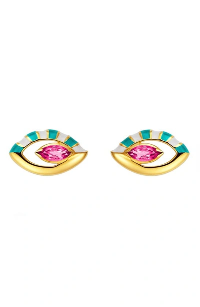 Nevernot Women's Life In Colour 14k Yellow Gold Enameled Topaz Eye Earrings In Gold/turquoise