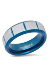 HMY JEWELRY TWO-TONE BLUE ION PLATED STAINLESS STEEL BRUSHED BAND RING
