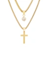 HMY JEWELRY 18K GOLD PLATED STAINLESS STEEL IMITATION PEARL & CROSS PENDANT LAYERED NECKLACE