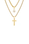 Hmy Jewelry 18k Gold Plated Stainless Steel Imitation Pearl & Cross Pendant Layered Necklace In Yellow
