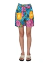 Marni Low Waist Cotton Bermuda Pants With Flower Allover Print In Multicolor