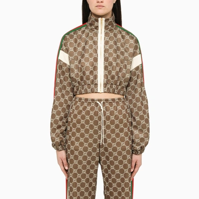 Gucci Gg Jacquard Cropped Sweatshirt With Web In Brown