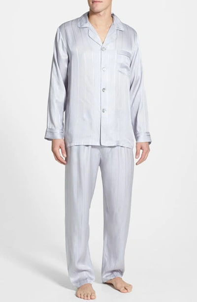 Majestic Herringbone Stripe Silk Pajamas In Silver