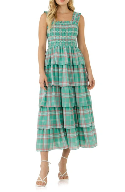 English Factory Smocked Gingham Midi Dress In Green